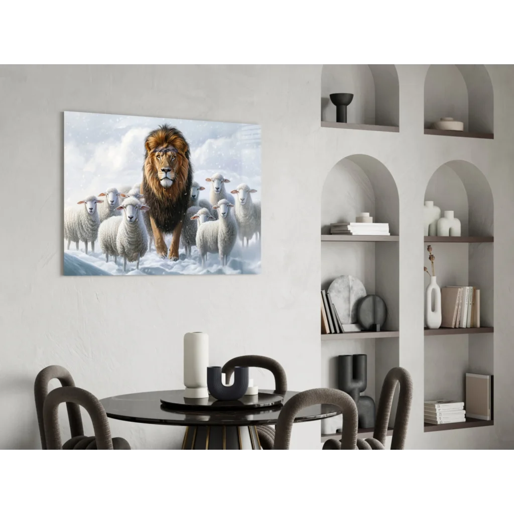 Majestic golden-brown lion among white sheep in snowy landscape wall art
