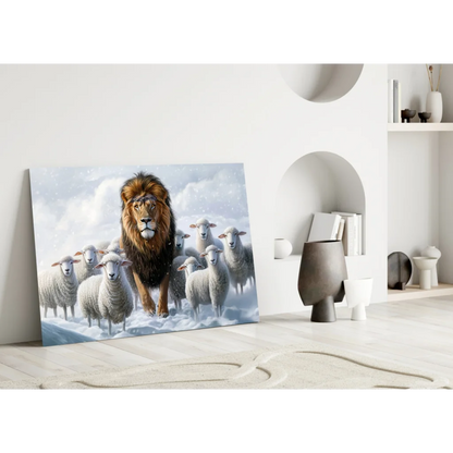 Majestic lion with golden mane among sheep in snowy landscape wall art