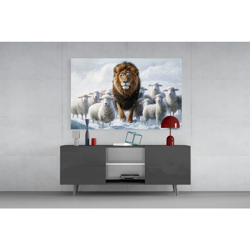 Majestic lion among sheep in snowy landscape canvas wall art