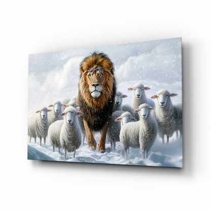 Majestic lion among sheep snowy landscape canvas wall art