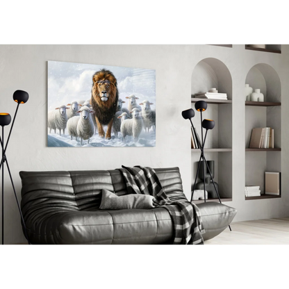 Majestic lion among sheep in snowy landscape wall art canvas print