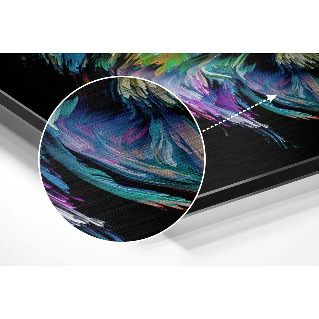 glass wall art Vibrant abstract brushed aluminium dibond art with teal, purple, green swirls