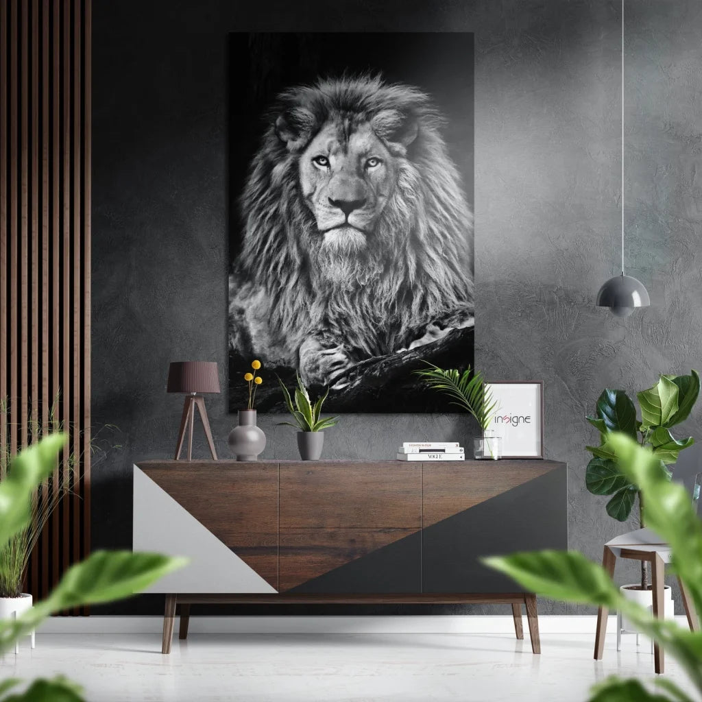 Majestic black-and-white lion on brushed aluminium dibond wall art