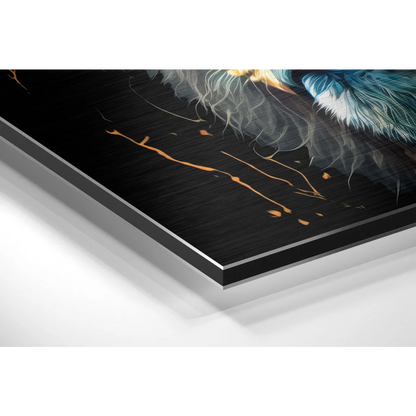 Vibrant blue white feather on brushed aluminium dibond wall art