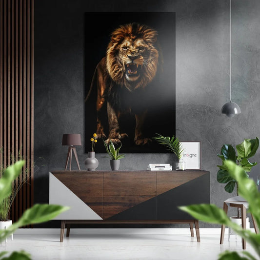 Roaring black-and-gold lion on brushed aluminium dibond print