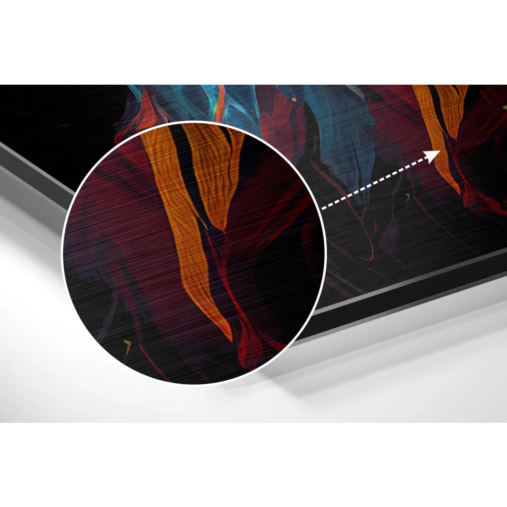 glass wall art Vibrant abstract lion art in swirling maroon, orange, blue on brushed aluminium dibond