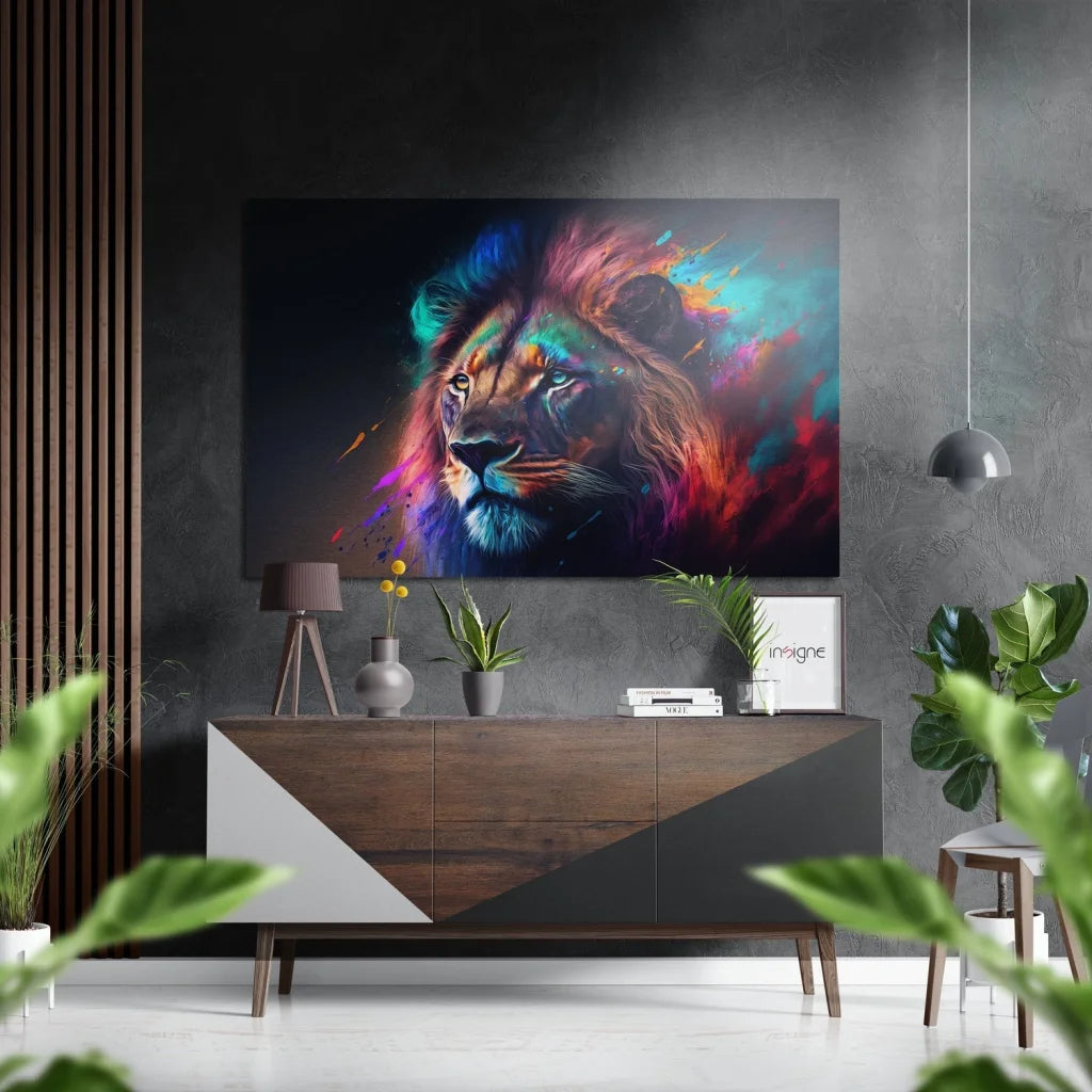 Vibrant abstract lion on brushed aluminium dibond wall art with bold paint splashes