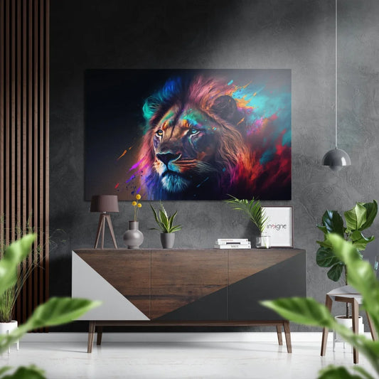 Vibrant abstract lion on brushed aluminium dibond wall art with bold paint splashes