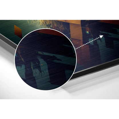 Stunning brushed aluminium dibond art print with dark blue textured canvas, abstract figures and warm orange accents