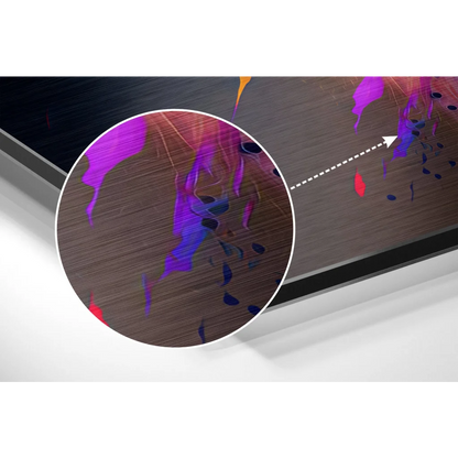 Vibrant brushed aluminium dibond wall art with bold purple and red paint splashes on dark wood-grain surface