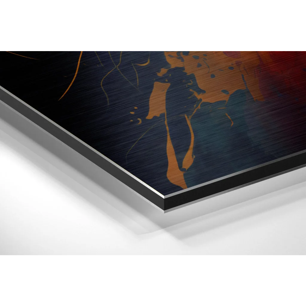 Bold orange teal splashes on navy in brushed aluminium dibond print