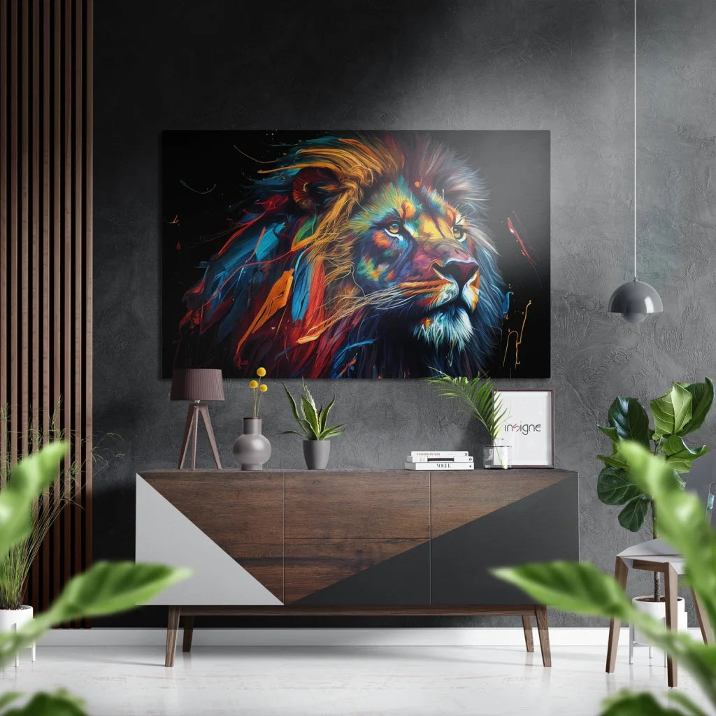 Vibrant Abstract Lion Art on Brushed Aluminium Dibond Print | Insigneart USA | vintageantiquesgifts.com