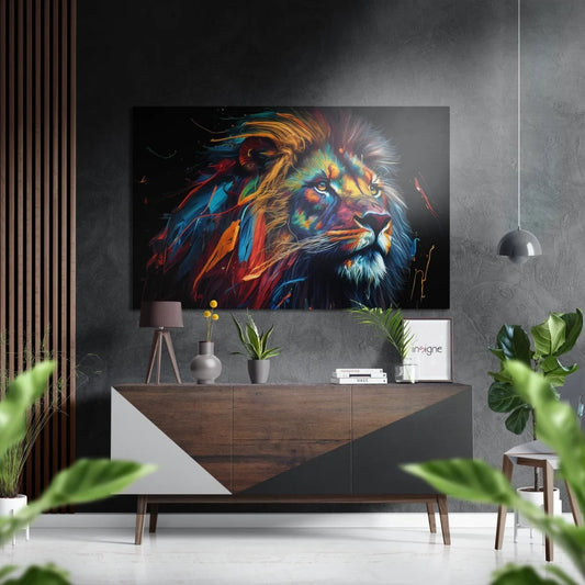 Vibrant Abstract Lion Art on Brushed Aluminium Dibond Print | Insigneart USA | vintageantiquesgifts.com