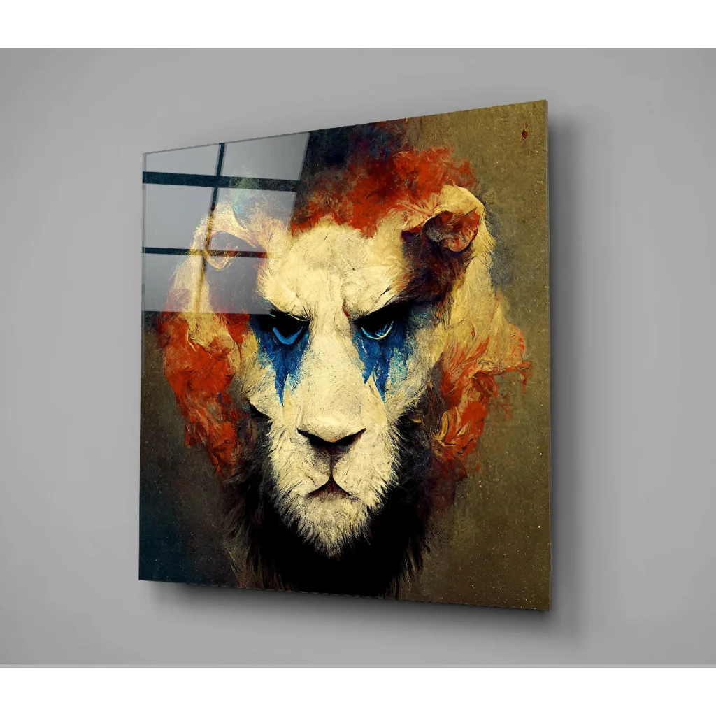 Stylized lion glass wall art print with fiery orange and blue accents