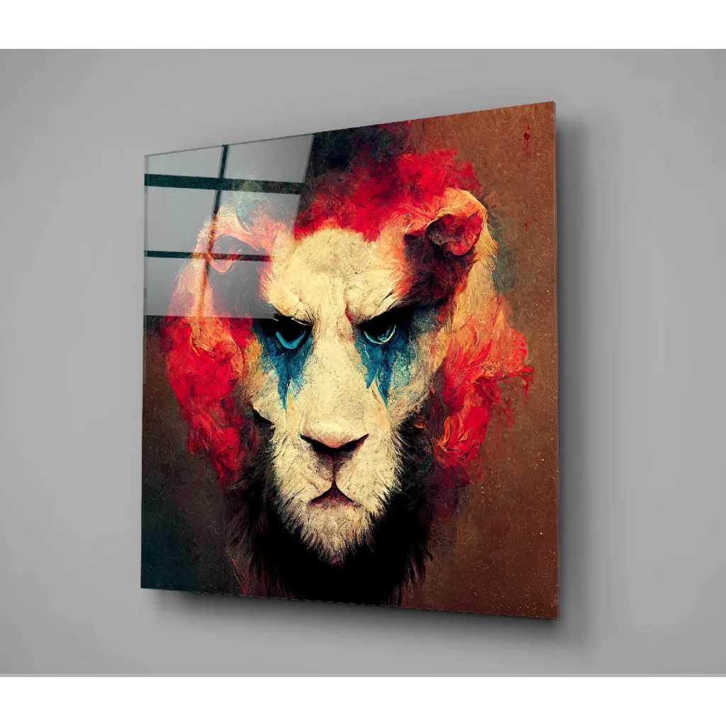 Fiery Lion Glass Wall Art with Bold Abstract Design | Glass Wall Art Print | vintageantiquesgifts.com
