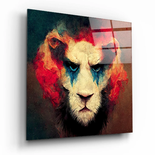 Fiery lion glass wall art with bold abstract red mane design