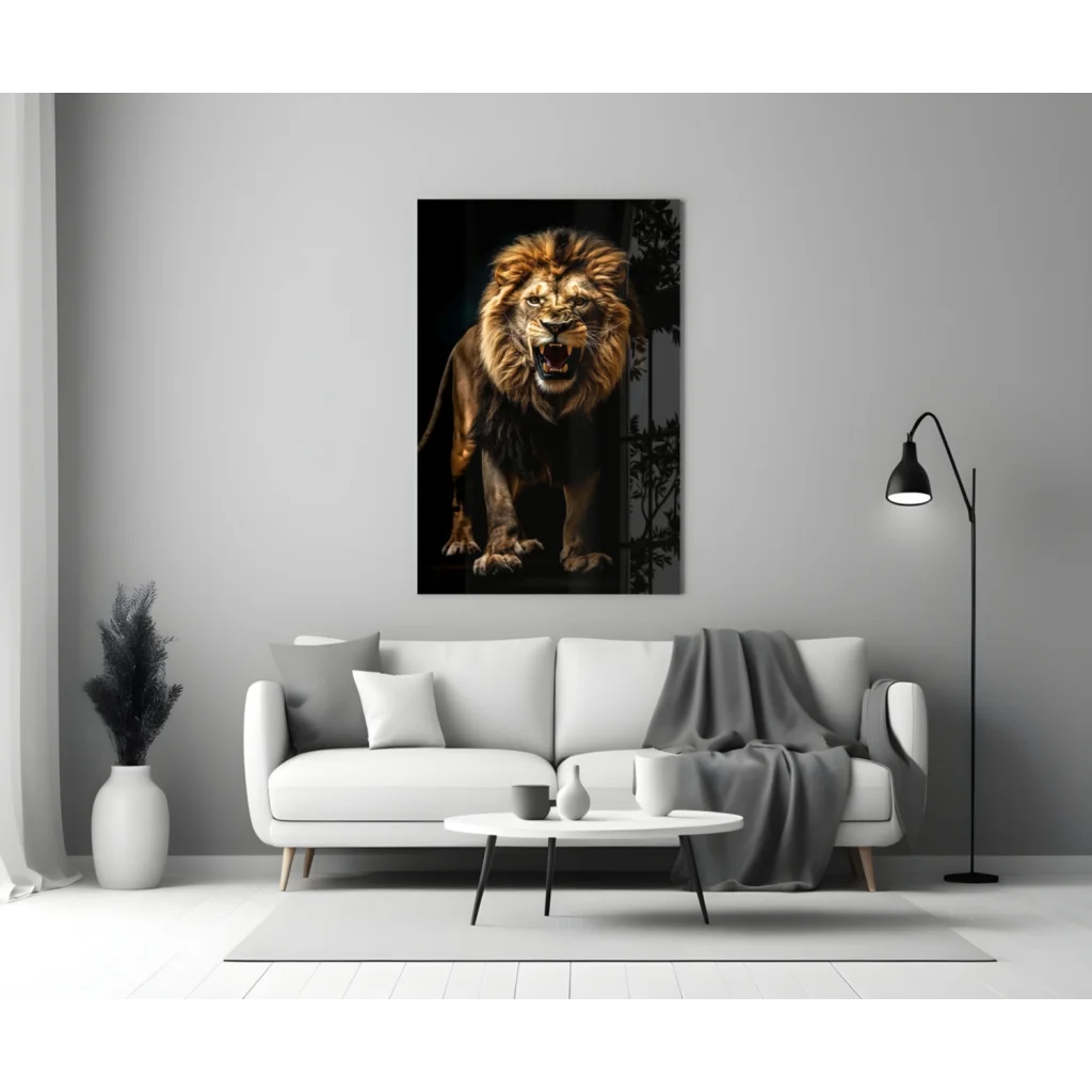 Roaring golden lion glass wall art canvas print with intense eyes