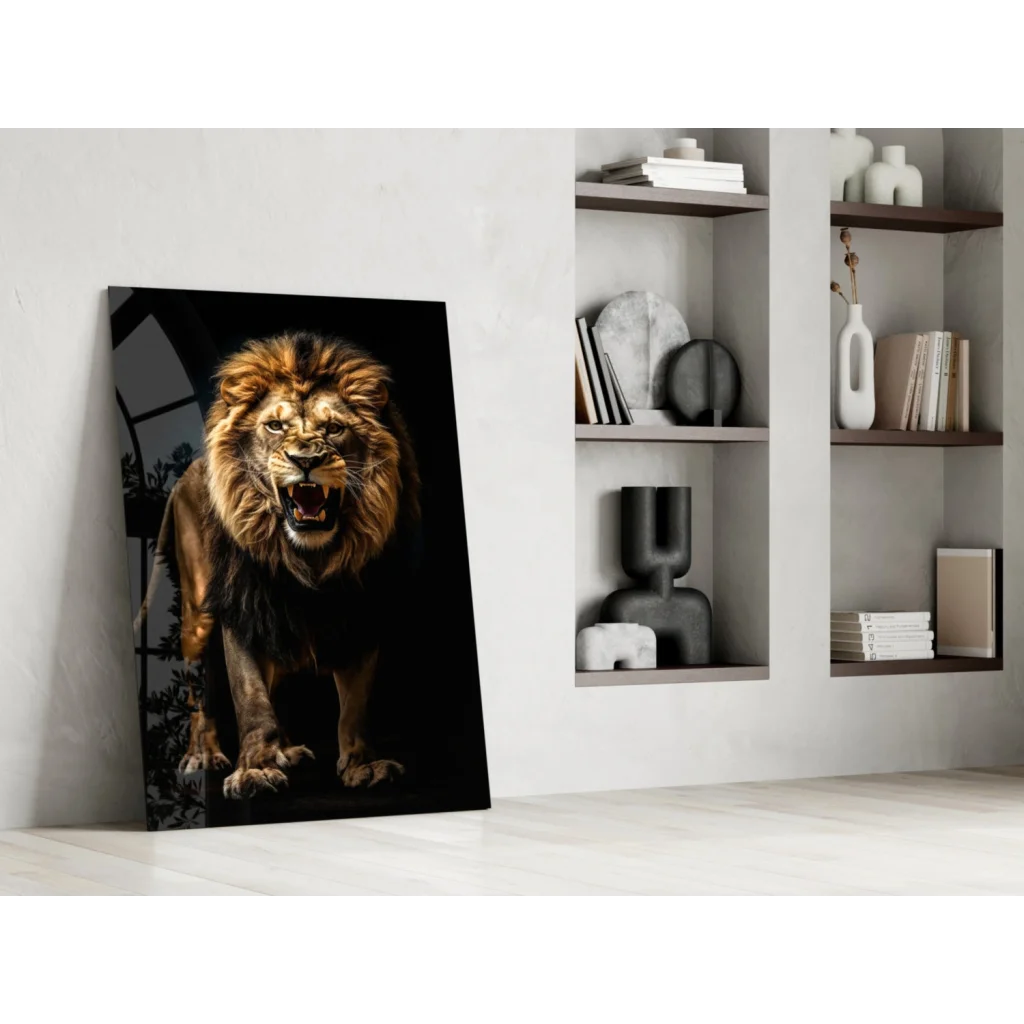 Roaring golden lion glass wall art canvas print on black background