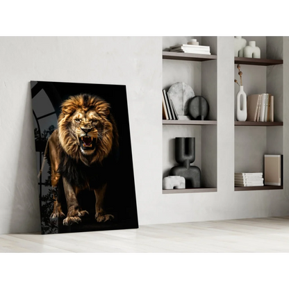 Roaring golden lion glass wall art canvas print on black background