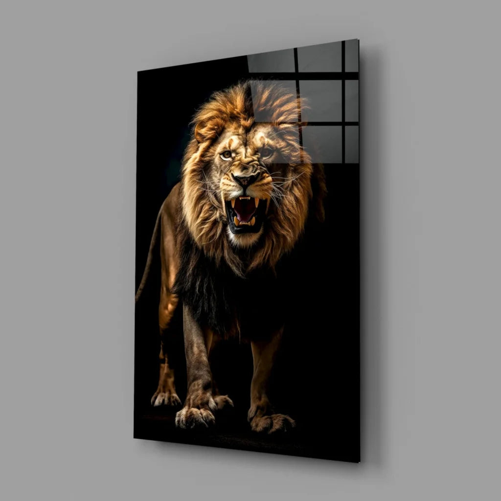 Striking roaring golden lion glass wall art on black frame