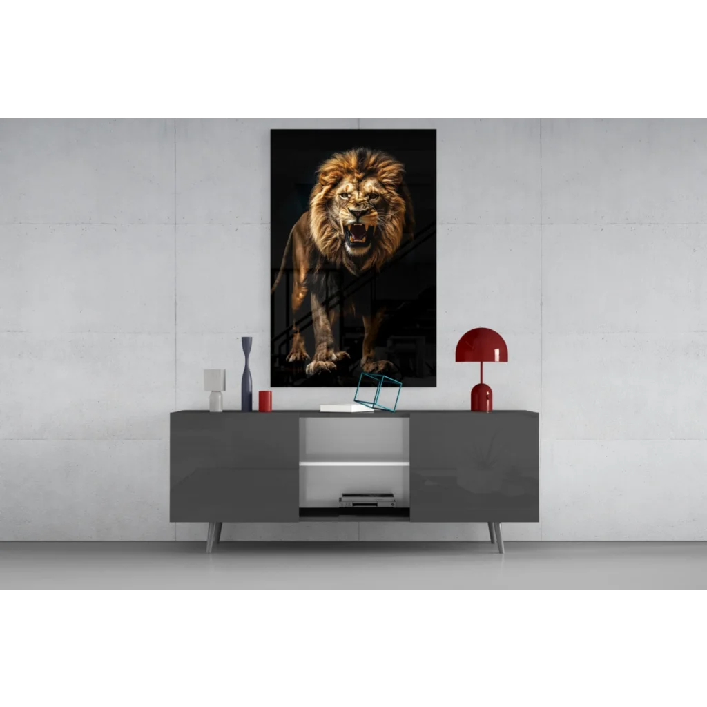 Roaring golden lion glass wall art canvas print portrait