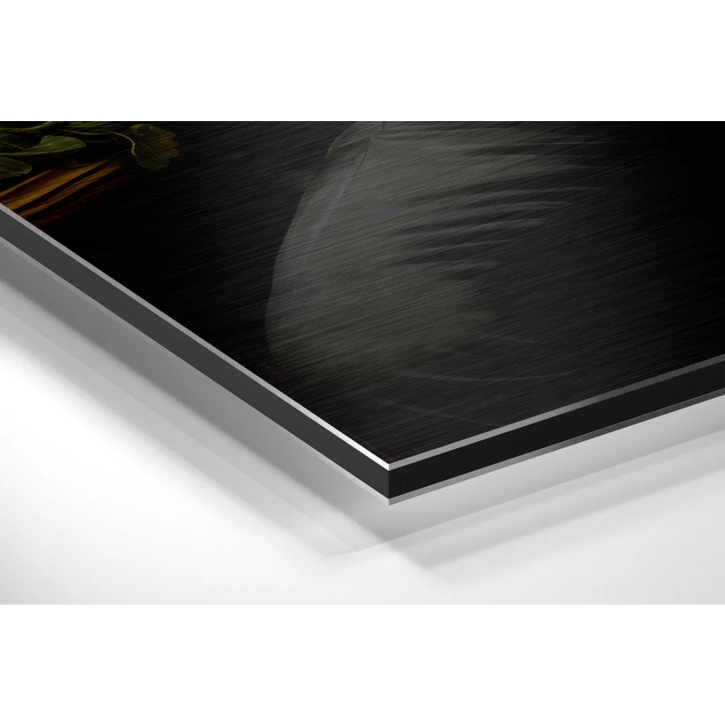 Dapper lion portrait on brushed aluminium dibond print with glossy black frame