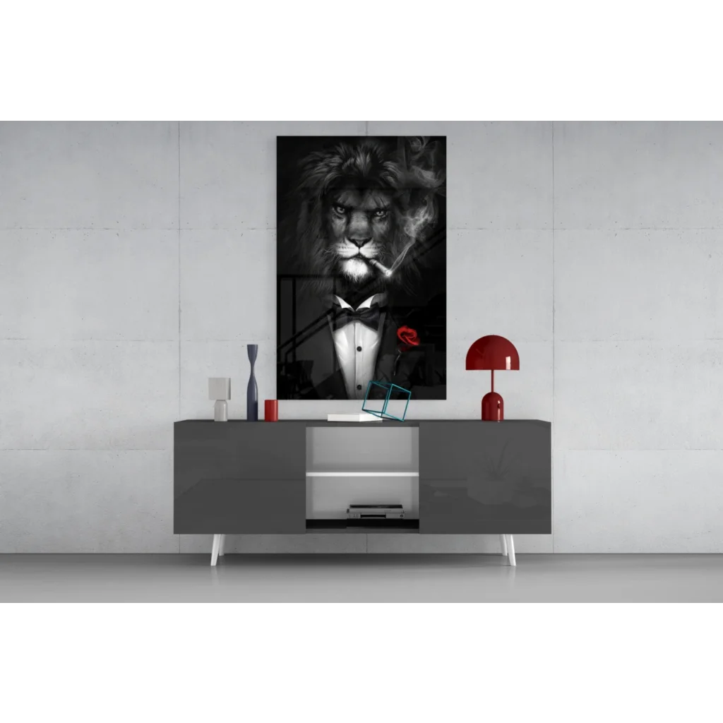 Dapper lion in tuxedo with red rose canvas wall art print