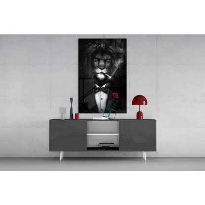 Dapper lion in tuxedo with red rose canvas wall art print