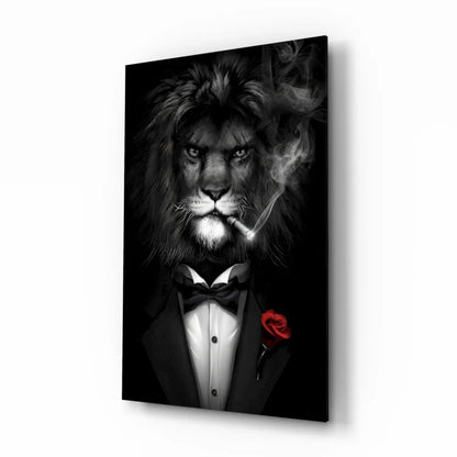 Dapper lion in tuxedo smoking cigar, red rose lapel canvas wall art
