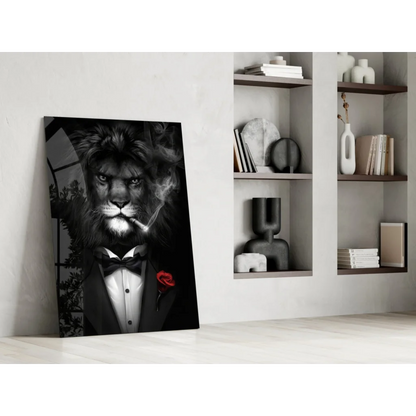 Dapper lion in tuxedo with red rose black-and-white canvas wall art