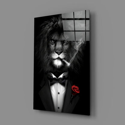 Dapper lion in tuxedo canvas wall art with red rose boutonniere