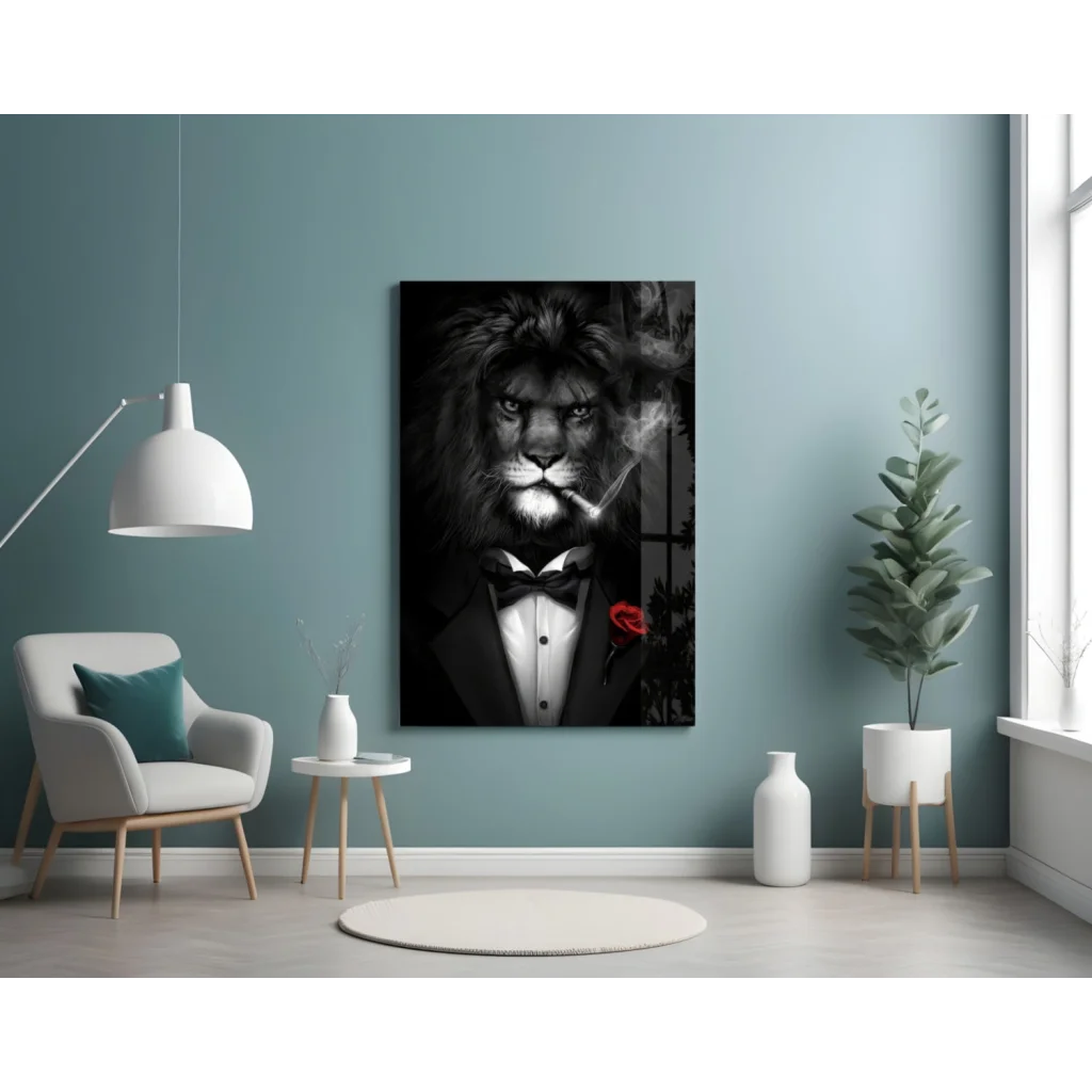 Dapper lion in tuxedo canvas wall art with red rose