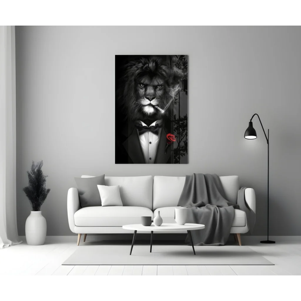 Dapper lion in tuxedo canvas wall art with red rose portrait