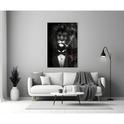 Dapper lion in tuxedo canvas wall art with red rose portrait