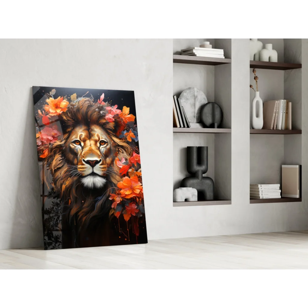 Majestic lion glass wall art with vibrant floral blooms