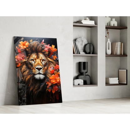 Majestic lion glass wall art with vibrant floral blooms