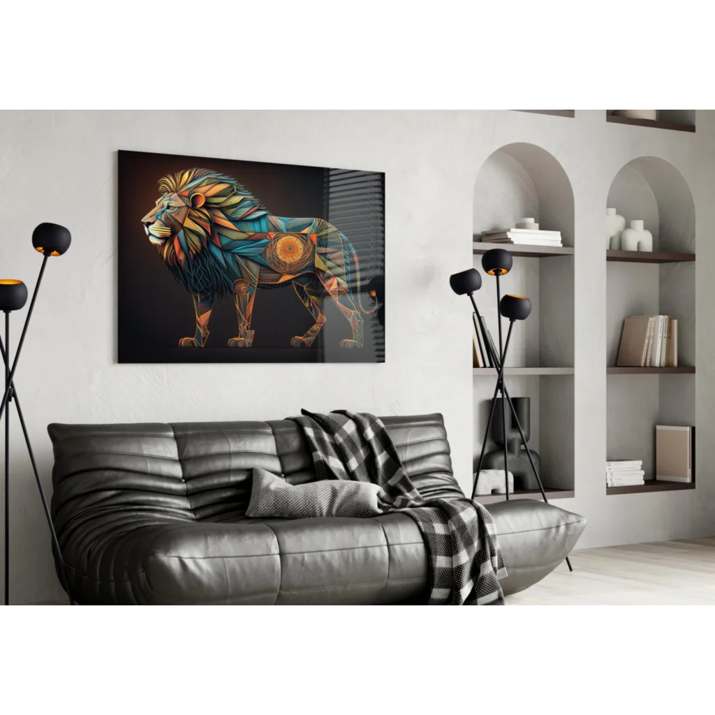 Vibrant geometric lion glass wall art in teal gold orange on black