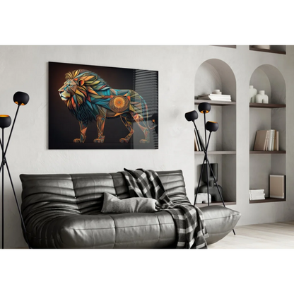 Vibrant geometric lion glass wall art in teal gold orange on black