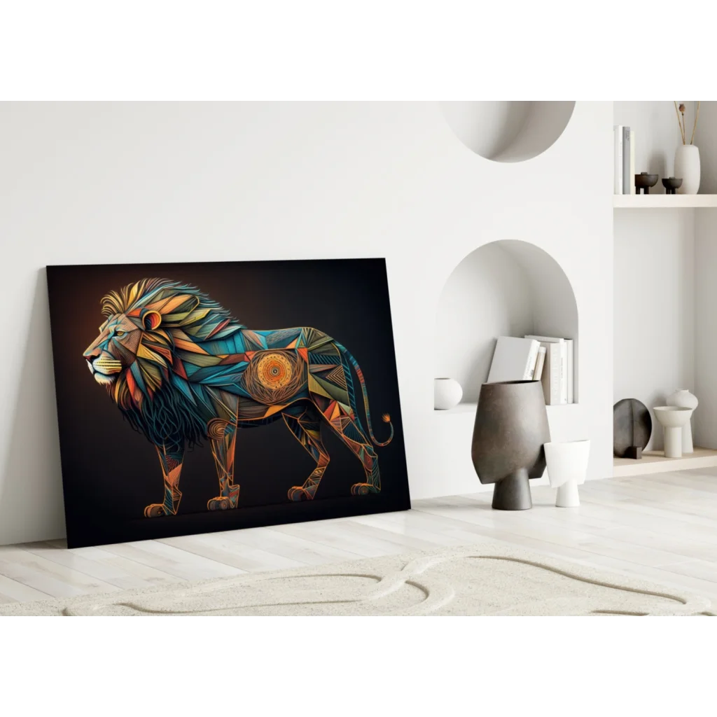 Vibrant geometric lion glass wall art in bold blue, orange, gold