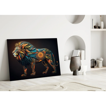 Vibrant geometric lion glass wall art in bold blue, orange, gold