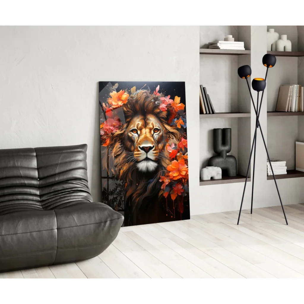 Majestic lion glass wall art with vibrant floral blooms