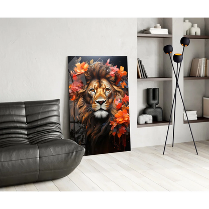 Majestic lion glass wall art with vibrant floral blooms