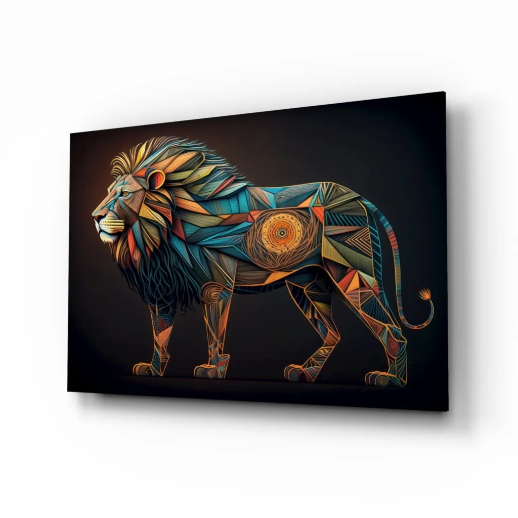 Vibrant geometric lion glass wall art in bold blue, orange, gold