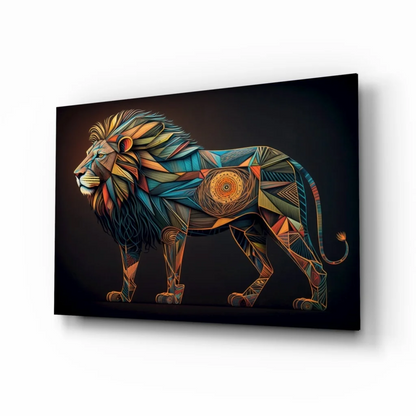 Vibrant geometric lion glass wall art in bold blue, orange, gold