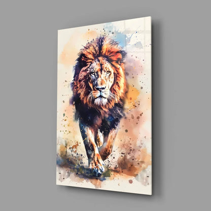 Majestic lion watercolor canvas wall art print on glass wall