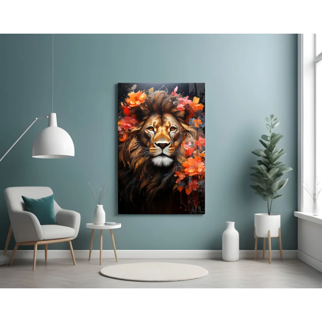Majestic Lion Glass Wall Art with Vibrant Floral Blooms | Contemporary Home Wall Art | vintageantiquesgifts.com