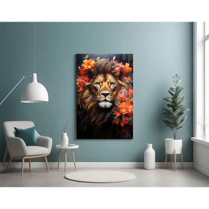 Majestic Lion Glass Wall Art with Vibrant Floral Blooms | Contemporary Home Wall Art | vintageantiquesgifts.com