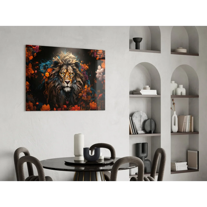 Majestic lion glass wall art with glowing eyes and autumn florals