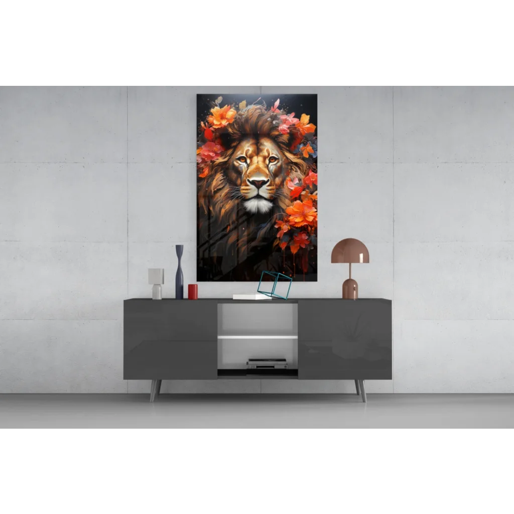 Majestic lion glass wall art with vibrant floral crown
