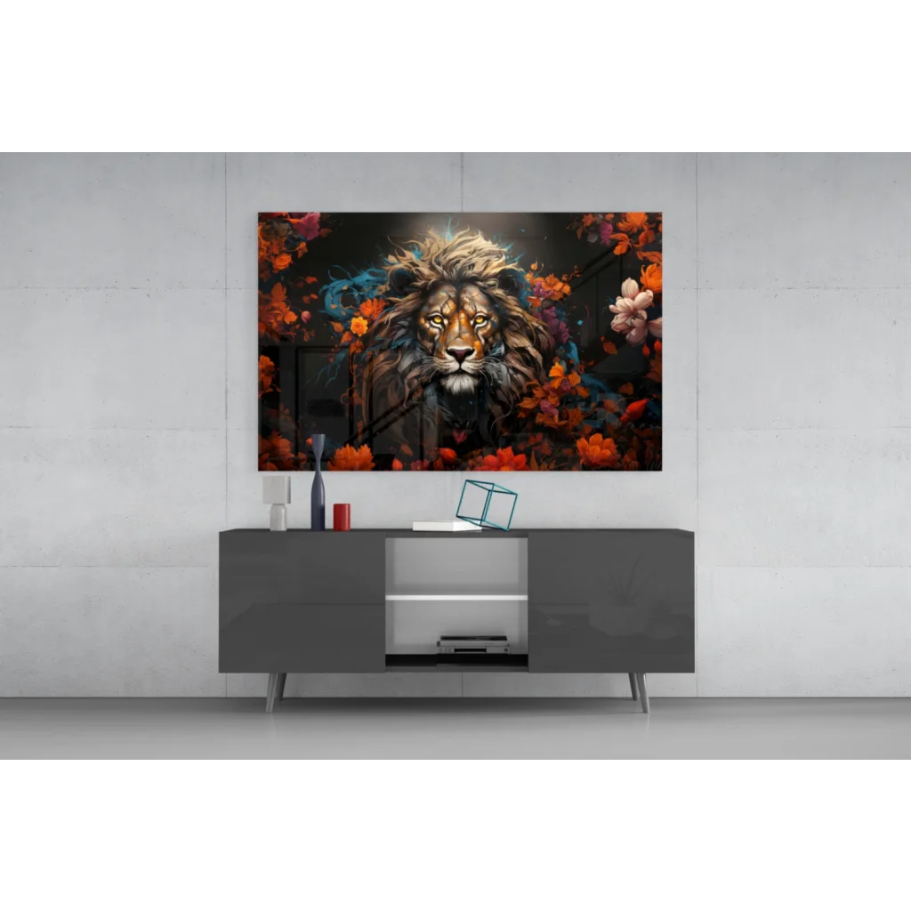 Majestic lion glass wall art with golden eyes and autumn florals